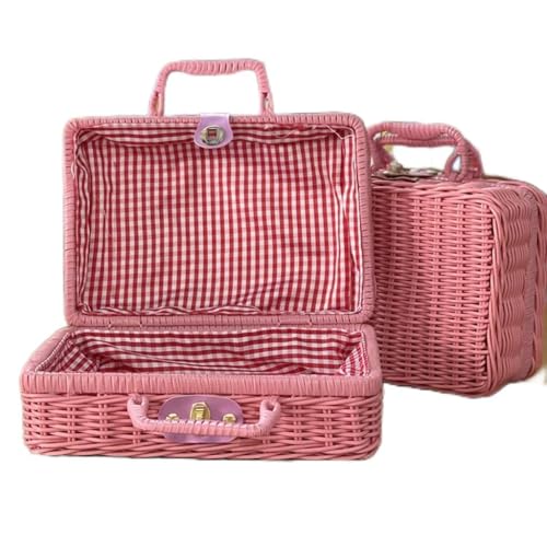 PLCPDM Tragbare Reise-Kulturbeutel, Make-up-Tasche, gewebte Ratton-Box, Kosmetik, großes Fassungsvermögen, für Damen und Mädchen, rose, 26X18X11CM von PLCPDM