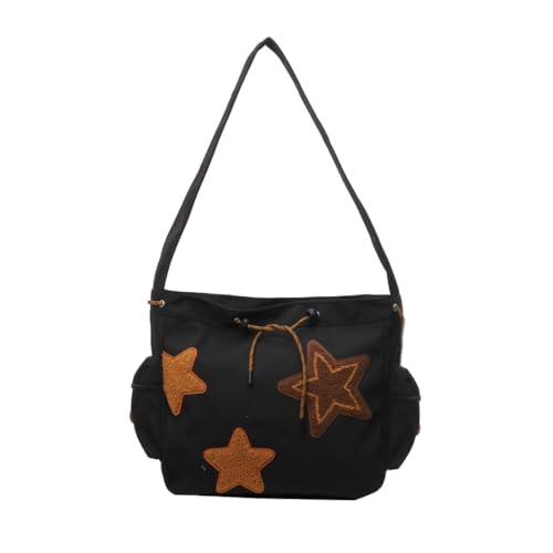 PLCPDM Umhängetasche mit niedlichem Sternmuster für Damen, Studenten, Buchtasche, Canvas, Crossbody-Tasche, große Kapazität, ästhetische Kuriertasche, Schwarz , No pendant von PLCPDM