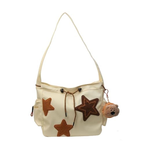 PLCPDM Umhängetasche mit niedlichem Sternmuster für Damen, Studenten, Buchtasche, Canvas, Crossbody-Tasche, große Kapazität, ästhetische Kuriertasche, gelb, With pendant von PLCPDM