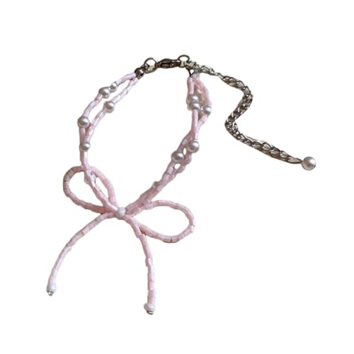 PLCPDM Zarte Halskette mit Schleifen-Anhänger für Frauen, Perlenperlen, Choker-Halskette, Temperament, Schlüsselbeinkette, handgefertigter Schmuck, Siehe Abbildung von PLCPDM