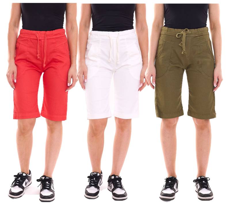 PLEASE Damen Stoff-Shorts kurze Hose mit Bindeband Bermuda Sommer-Hose Rot, Weiß oder Khaki von PLEASE