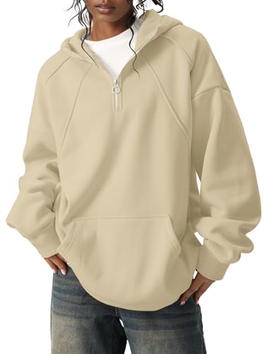 PLEPAN Übergroßer Herren-Kapuzenpullover, lockere Passform, schwerer halber Reißverschluss, Kapuzen-Sweatshirt mit Tasche, Hellkhaki, Large von PLEPAN