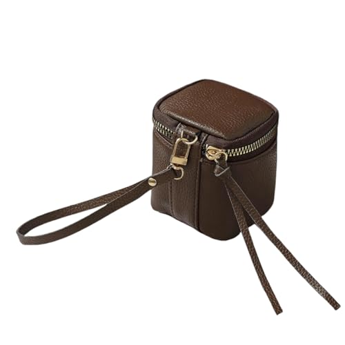 PLGMAUYT Handytasche zum umhängen Retro Kosmetische Tasche Lippenstift Münze Aufbewahrungstasche Tragbare Reise Speicher Eimer Personalisierte Mini Runde Münze Geldbörse-Kaffee von PLGMAUYT