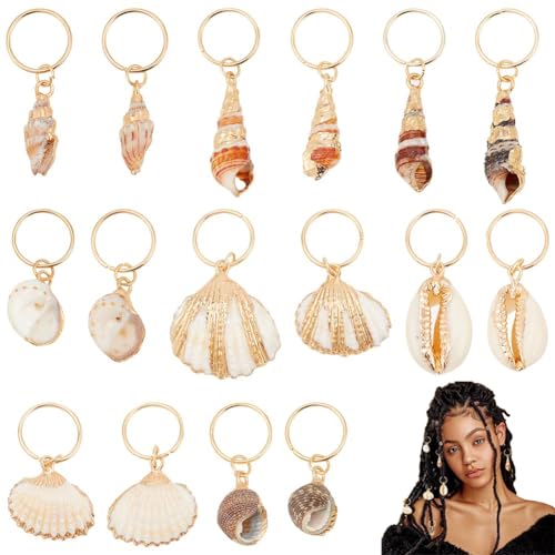 PLIGREAT 16 Stück Muschel Dreadlock Ringe Charms Zöpfe Haarschmuck Set DIY Haarschmuck Funkelnder Goldrand Muschel Anhänger Haaranhänger für Frauen Männer Haare Zöpfe Pferdeschwanz Haardekor, 8 Stile von PLIGREAT