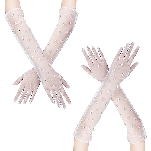 PLIGREAT 2 Paar Tüll lange Handschuhe für Frauen Hochzeitskleid Perle Handschuhe Ellenbogen Lenth Sheer Mesh Handschuhe Braut Zubehör für Bräute Prom Abend Party Opera Shows Kostüm Requisiten von PLIGREAT