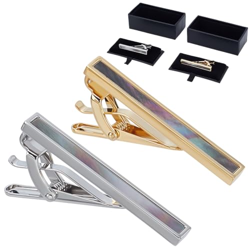 PLIGREAT 2 Stück Abalone Krawattenklammer mit Geschenkbox Klassische Stein Krawattenklammer Silber Gold Männer Perlmutt Krawattenklammer Mode Krawatte Bar für Gentleman Business Hochzeit Täglich von PLIGREAT