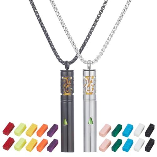 PLIGREAT 2 Stück Diffusor Halsketten Für Ätherische Öle Edelstahl Achtsamkeits Atmungs Halsketten Mit 20 Filzpads Parfüm Diffusor Zylinder Medaillon Anhänger Zum Geburtstag Silber & Schwarz von PLIGREAT
