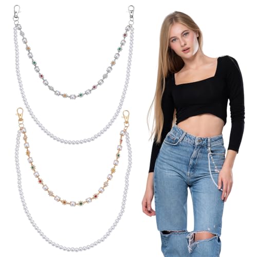 PLIGREAT 2 Stück Mehrlagige Hosenketten Strass Perlen Geldbörsenkette Für Männer Und Frauen Punk Jeans Schlüsselanhänger Dekoration Zubehör Mit Karabinerverschlüssen Gold Und Silber von PLIGREAT