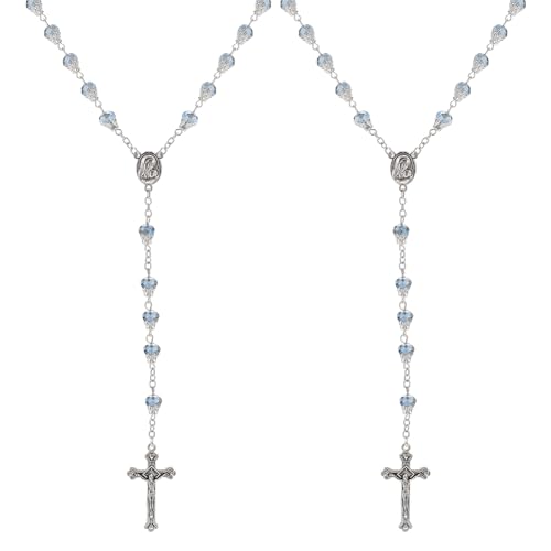 PLIGREAT 2 Stück Rosenkranz Halskette für Männer Frau Blaue Kristallperlen Rosenkränze Halsketten mit Kruzifix-Anhänger Gebetskreuz Halskette Geburtstagsgeschenke für Paare Freunde Mama Papa Oma von PLIGREAT