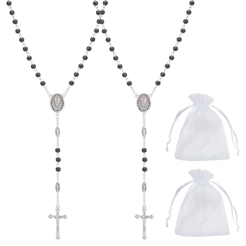 PLIGREAT 2 Stück Schwarze Katholische Rosenkranzperlen, Kreuz Katholisches Kruzifix Kreuz Halskette Wundersame Medaille 6MM Perlen Rosenkranz Gebet Geschenk für Frauen und Männer von PLIGREAT