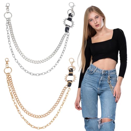 PLIGREAT 2 Stück Unisex Punkketten Für Hosen Punk Hosen Jeans Kette Mit Karabinerverschlüssen Robuste Metall Gürtelkette Für Geldbörse Schlüsselanhänger Tasche Gold Und Silber von PLIGREAT