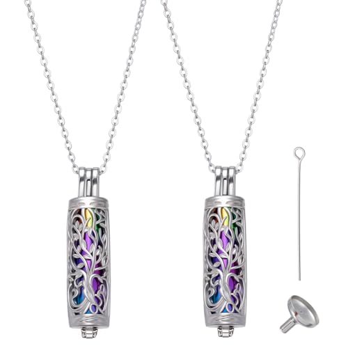 PLIGREAT 2 Stück Zylinder Urnenkette Mit Lebensbaum Medaillons Für Asche Halsketten Zylindrischer Hohler Anhänger Einäscherungshalter Mit Farbigem Fläschchen Für Männer Und Frauen Schmuck Aus Asche von PLIGREAT