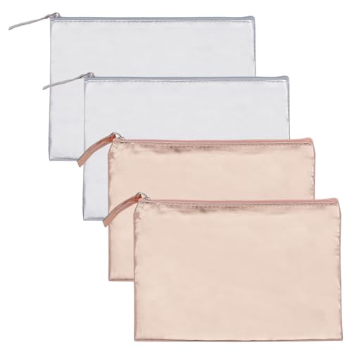 PLIGREAT 4 Packung Mini Make Up Taschen Silberne Kosmetiktasche Mit Reißverschluss Kleine Champagnerfarbene PU Reisetasche Für Die Handtasche 21x15cm wasserdichte Geldbörse Mit Armband Für Damen von PLIGREAT