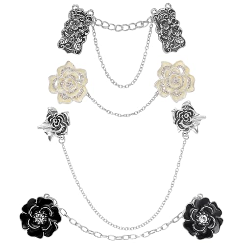 PLIGREAT 4 Stück Rosenpullover Schal Clipkette Strickjacken Kragenhalter Clip Mit Kette Blume Retro Pullover Kragen Brosche Dekoration Für Damen Kleider Schal Strickjacke 4 Styles von PLIGREAT