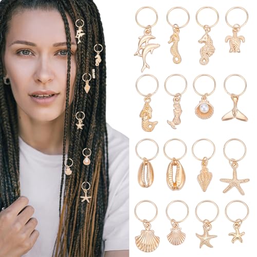 PLIGREAT 48 Stücke Jakobsmuschel Strand Muschel Charms Zöpfe Haarschmuck Set Golden Ocean Thema Legierung Charms Dreadlock Ring Haaranhänger für Frauen Mädchen Haar Zöpfe Pferdeschwanz Haardekoration von PLIGREAT