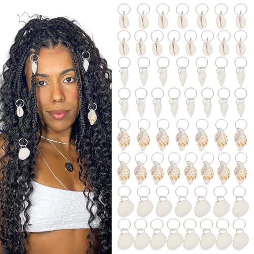 PLIGREAT 60 Stück Muschel Conch Dreadlock Ringe Charms Silbernes Haarflechtdekor Strandstil Geflochtene Haare Ornamente Vintage Dekorative Dreadlocks Haarspangen Charm Für Frauen Und Männer von PLIGREAT