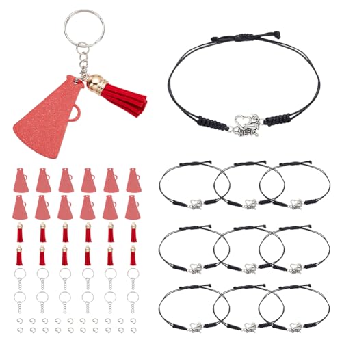 PLIGREAT Cheerleading Team Schlüsselanhänger Armband Satz 30 Stück DIY Glitzernd Rot Cheer Megaphon Schlüsselanhänger 20 Stück Cheerleader Mädchen Verstellbares Charme-Armband Bulk Cheer Geschenk von PLIGREAT