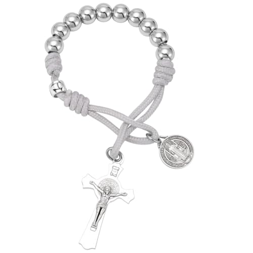 PLIGREAT Ein Jahrzehnt Rosenkranz Silberperlen Taschen Auto Rosenkranz Gebet 21cm /8 Zoll Weißes Handgewebtes Kreuz Für Männer Und Frauen Gebetswerkzeug von PLIGREAT