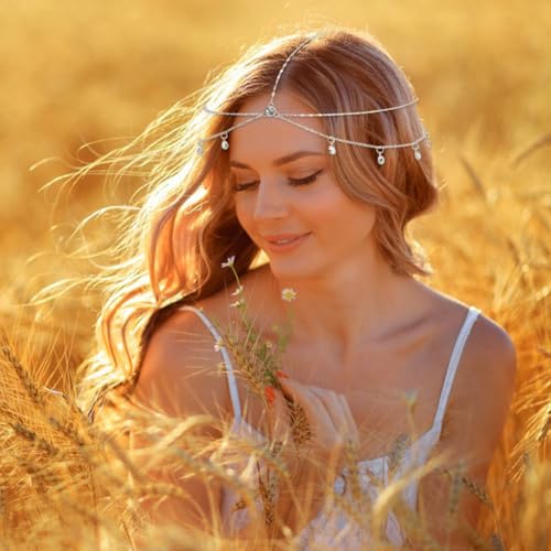 PLIGREAT Goldene Strass Kopfkette Boho Kristall Kopfschmuck Schmuck Hochzeit Braut Haarkette Vintage Stirnbänder Ketten Festival Prom Haarschmuck Für Frauen Gold von PLIGREAT