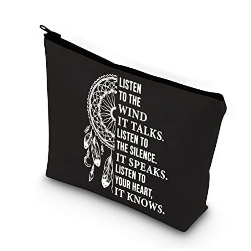 PLITI Indianer Make-up-Tasche für Frauen Indianer Geschenk Indische Kopfschmuck Kosmetiktasche Windrad Spirituelles Geschenk, Listen to Wind Blu von PLITI