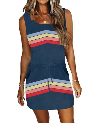 PLMOKEN Sommerkleid Damen Strandkleid - Freizeitkleid Ärmelloses Rundhalsausschnitt Mini Leicht Hohe Taille Gestreifter Patchwork kurz Kleider von PLMOKEN