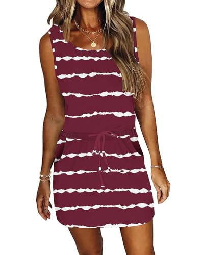 PLMOKEN Sommerkleid Damen Strandkleid - Freizeitkleid Ärmelloses Rundhalsausschnitt Mini Leicht Hohe Taille Gestreifter Patchwork kurz Kleider von PLMOKEN
