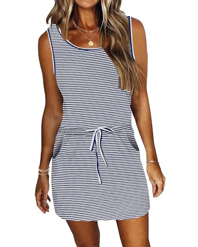PLMOKEN Sommerkleid Damen Strandkleid - Freizeitkleid Ärmelloses Rundhalsausschnitt Mini Leicht Hohe Taille Gestreifter Patchwork kurz Kleider von PLMOKEN