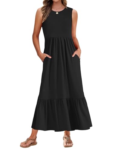 PLMOKEN Sommerkleider Damen Strandkleid Maxikleid - Lang Freizeitkleid Ärmellos leicht und luftig Leicht und Luftig Rundhals Geblümtes Tank Top Kleid von PLMOKEN