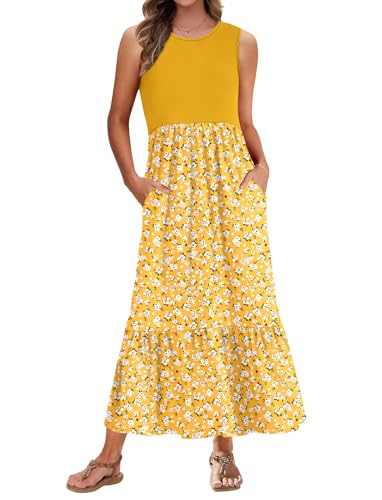 PLMOKEN Sommerkleider Damen Strandkleid Maxikleid - Lang Freizeitkleid Ärmellos leicht und luftig Leicht und Luftig Rundhals Geblümtes Tank Top Kleid von PLMOKEN