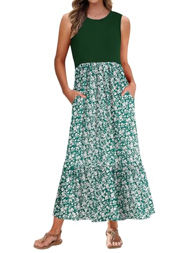 PLMOKEN Sommerkleider Damen Strandkleid Maxikleid - Lang Freizeitkleid Ärmellos leicht und luftig Leicht und Luftig Rundhals Geblümtes Tank Top Kleid von PLMOKEN