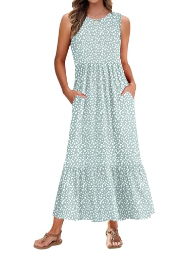 PLMOKEN Sommerkleider Damen Strandkleid Maxikleid - Lang Freizeitkleid Ärmellos leicht und luftig Leicht und Luftig Rundhals Geblümtes Tank Top Kleid von PLMOKEN