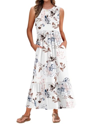 PLMOKEN Sommerkleider Damen Strandkleid Maxikleid - Lang Freizeitkleid Ärmellos leicht und luftig Leicht und Luftig Rundhals Geblümtes Tank Top Kleid von PLMOKEN