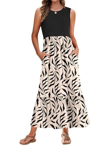 PLMOKEN Sommerkleider Damen Strandkleid Maxikleid - Lang Freizeitkleid Ärmellos leicht und luftig Leicht und Luftig Rundhals Geblümtes Tank Top Kleid von PLMOKEN