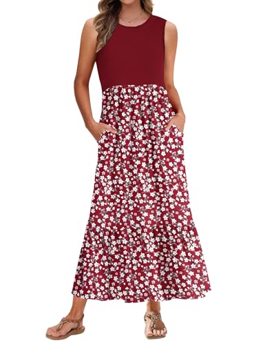 PLMOKEN Sommerkleider Damen Strandkleid Maxikleid - Lang Freizeitkleid Ärmellos leicht und luftig Leicht und Luftig Rundhals Geblümtes Tank Top Kleid von PLMOKEN
