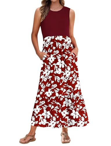 PLMOKEN Sommerkleider Damen Strandkleid Maxikleid - Lang Freizeitkleid Ärmellos leicht und luftig Leicht und Luftig Rundhals Geblümtes Tank Top Kleid von PLMOKEN