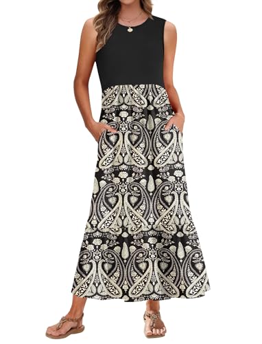 PLMOKEN Sommerkleider Damen Strandkleid Maxikleid - Lang Freizeitkleid Ärmellos leicht und luftig Leicht und Luftig Rundhals Geblümtes Tank Top Kleid von PLMOKEN