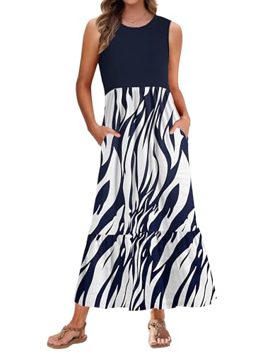 PLMOKEN Sommerkleider Damen Strandkleid Maxikleid - Lang Freizeitkleid Ärmellos leicht und luftig Leicht und Luftig Rundhals Geblümtes Tank Top Kleid von PLMOKEN