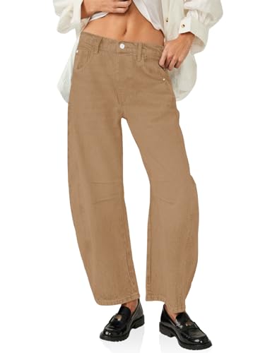 PLNOTME Damen Baggy Boyfriend Jeans Vintage Wide Leg Mid Rise Barrel Denim Ankle Pants, Khaki, 40 von PLNOTME