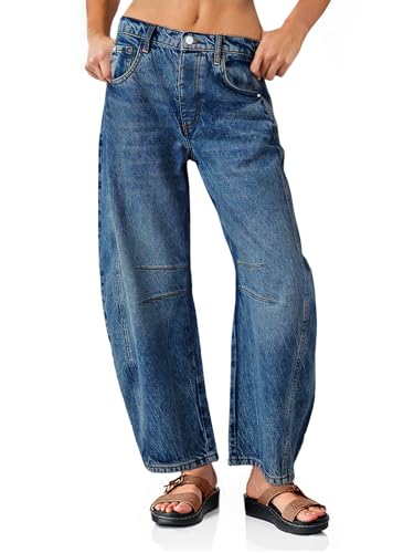PLNOTME Damen Baggy Boyfriend Jeans Vintage Wide Leg Mid Rise Barrel Denim Ankle Pants, Marineblau, 38 von PLNOTME