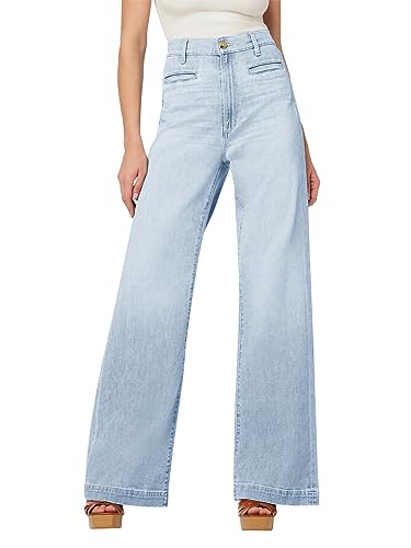 PLNOTME Damen Jeans mit hoher Taille, weites Bein, lockerer Stretch, trendig, lässig, Denim-Hose, Blau, Blau von PLNOTME