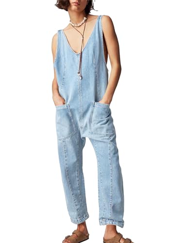 PLNOTME Damen Denim Overall Jumpsuits Ärmellos V-Ausschnitt Verstellbare Träger Jeans Lange Hosen Strampler, Blau, Large von PLNOTME