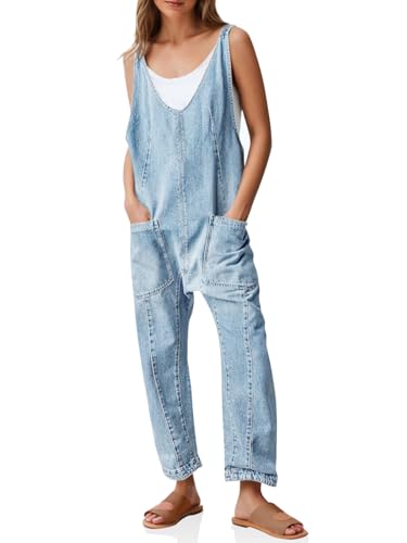 PLNOTME Damen-Denim-Overall, ärmellos, V-Ausschnitt, verstellbare Träger, Jeans, lange Hose, Strampler, Blassblau, Medium von PLNOTME