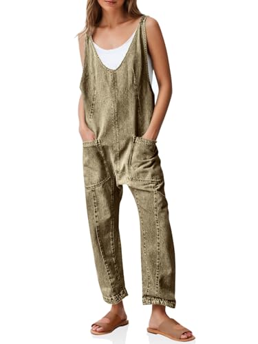 PLNOTME Damen Denim Overall Jumpsuits Ärmellos V-Ausschnitt Verstellbare Träger Jeans Lange Hosen Strampler, Grün (Army Green), XX-Large von PLNOTME