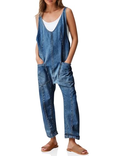 PLNOTME Damen Denim Overall Jumpsuits Ärmellos V-Ausschnitt Verstellbare Träger Jeans Lange Hosen Strampler, Marineblau, XX-Large von PLNOTME