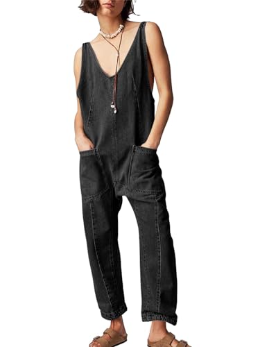 PLNOTME Damen Denim Overall Jumpsuits Ärmellos V-Ausschnitt Verstellbare Träger Jeans Lange Hosen Strampler, Schwarz, Medium von PLNOTME