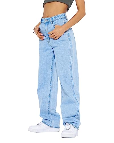 PLNOTME Damen High Waist Boyfriend Baggy Jeans Straight Leg Casual Denim Pants, Hell, blau, 46 von PLNOTME