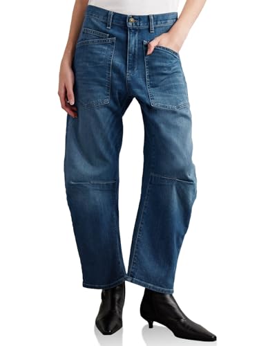 PLNOTME Damen Hufeisenjeans mit hoher Taille, weites Bein, Vintage-Denim-Hose mit Vordertaschen, Wash Blue, 46 von PLNOTME