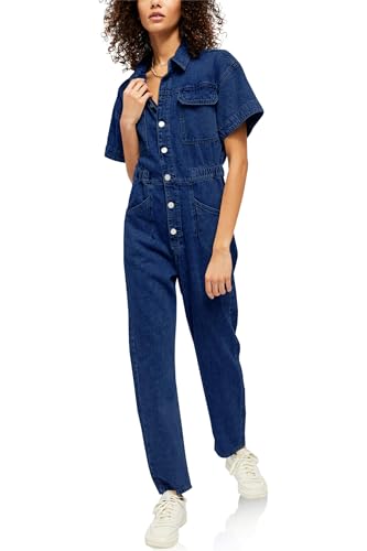 PLNOTME Kurzärmeliger Damen-Jumpsuit aus Denim, Knopfleiste, elastische Taille, Jeans, lange Hose, Strampler mit Taschen, Blau, Large von PLNOTME