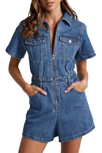 PLNOTME Sommer-Denim-Strampler für Damen, kurze Ärmel, Reißverschluss, Utility-Taschen, Jeans-Jumpsuit, Shorts, Blau, Large von PLNOTME