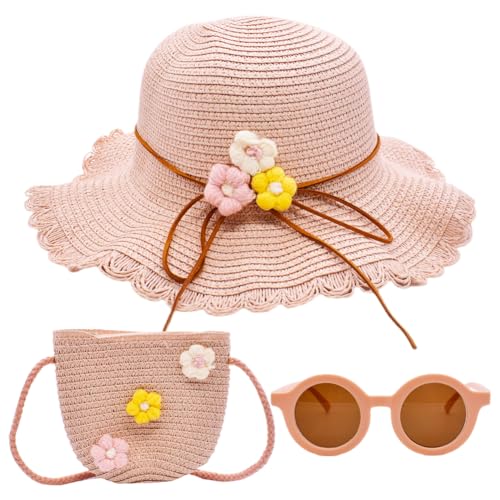 PLNVNVP Strohhut und Kleine Tasche Set, Mädchen Kinder Sommer Sonnenhut und Sonnenbrille, mit Blumendekoration Reisehut Sonnenhut für den Urlaub Strand Outdoor-Aktivitäten von PLNVNVP